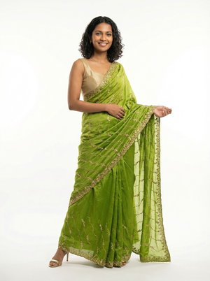 Organza Parrot Green Floral Sequence Work Designer Saree
