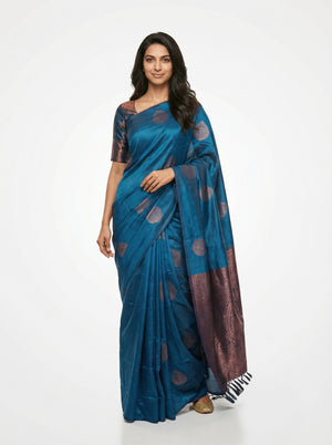 Semi Silk Elegant Kingfisher Blue Saree with Paisley Pattern Work