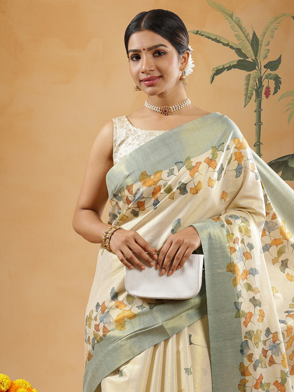 Golden Tissue Teal Blue Border Set Saree With Multi Color Thread Paint Flower Print All Over Body