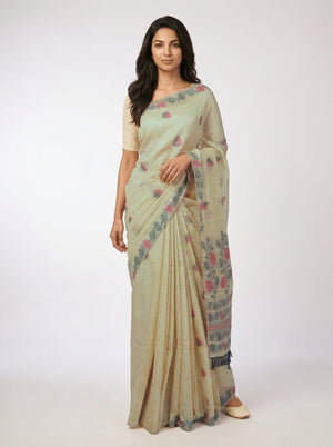Chanderi Women’s Pastel Green Saree with Double Colour Leaf Motifs