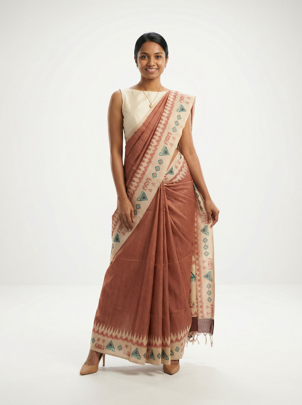 Chanderi Cotton Rust Brown Tribal Border Saree