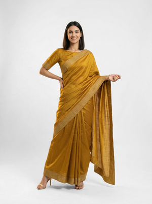 Vijithra Silk Mustard Yellow  Zari Scalloped Border Designer Saree