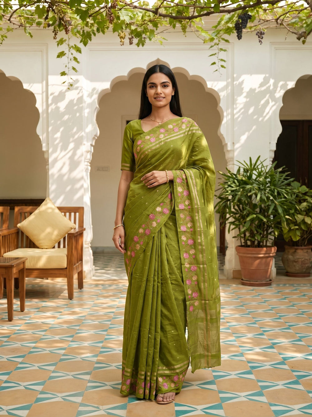Semi Tussar Olive Green Floral Embroidery Border Saree