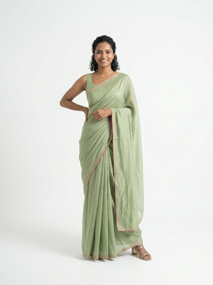 Organza Pastel Green Plain Saree with Minimal Embellished Border