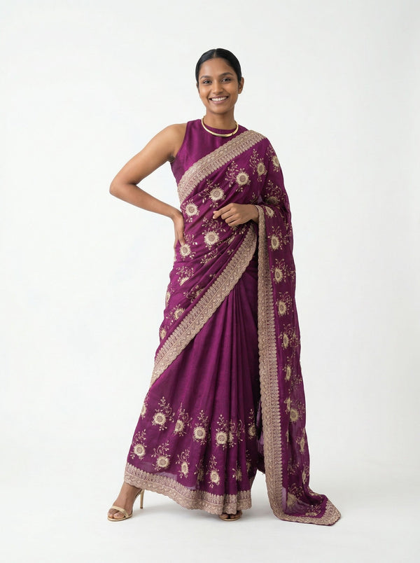 Vijithra Silk Violet Floral Embroidery Saree