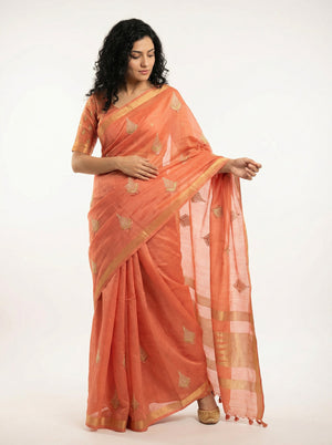 Chanderi Cotton Peach Orange Saree with Zari Border and Floral Butti Work