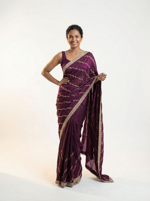 Shimmer Organza Wine Diagonal Stripe Designer Saree with Sequin Work and Embroidered Border