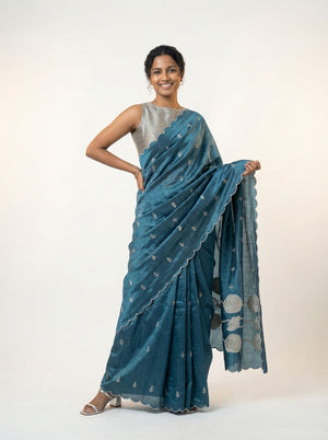 Organza Teal Blue Floral Butti Designer Saree with Scalloped Embroidered Border