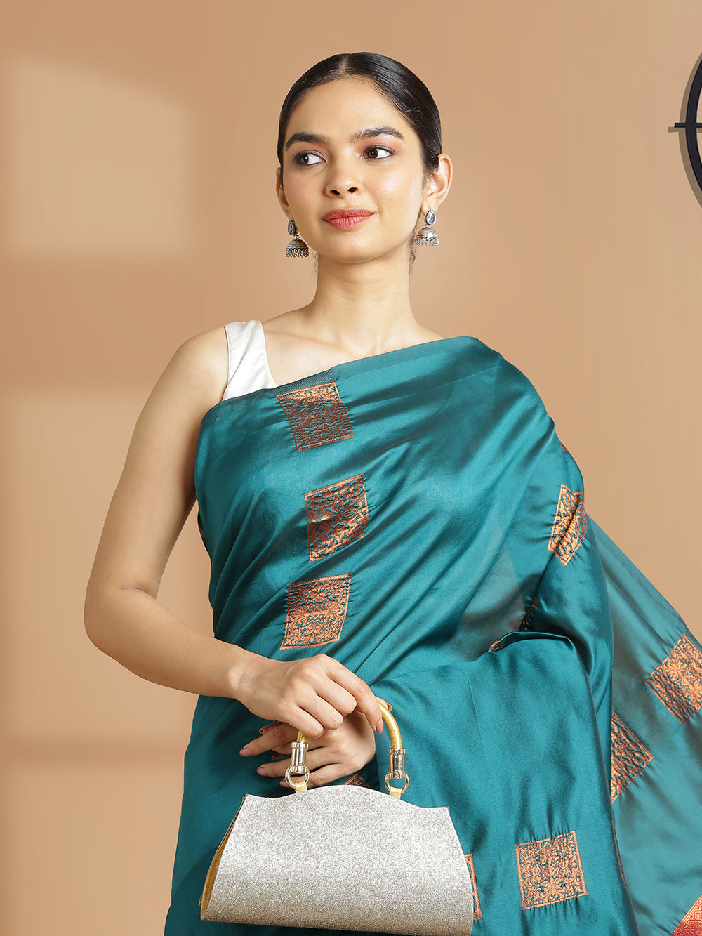Peacock Green Color Poly Silk Saree With Copper Thread Worked Buttas Over Body