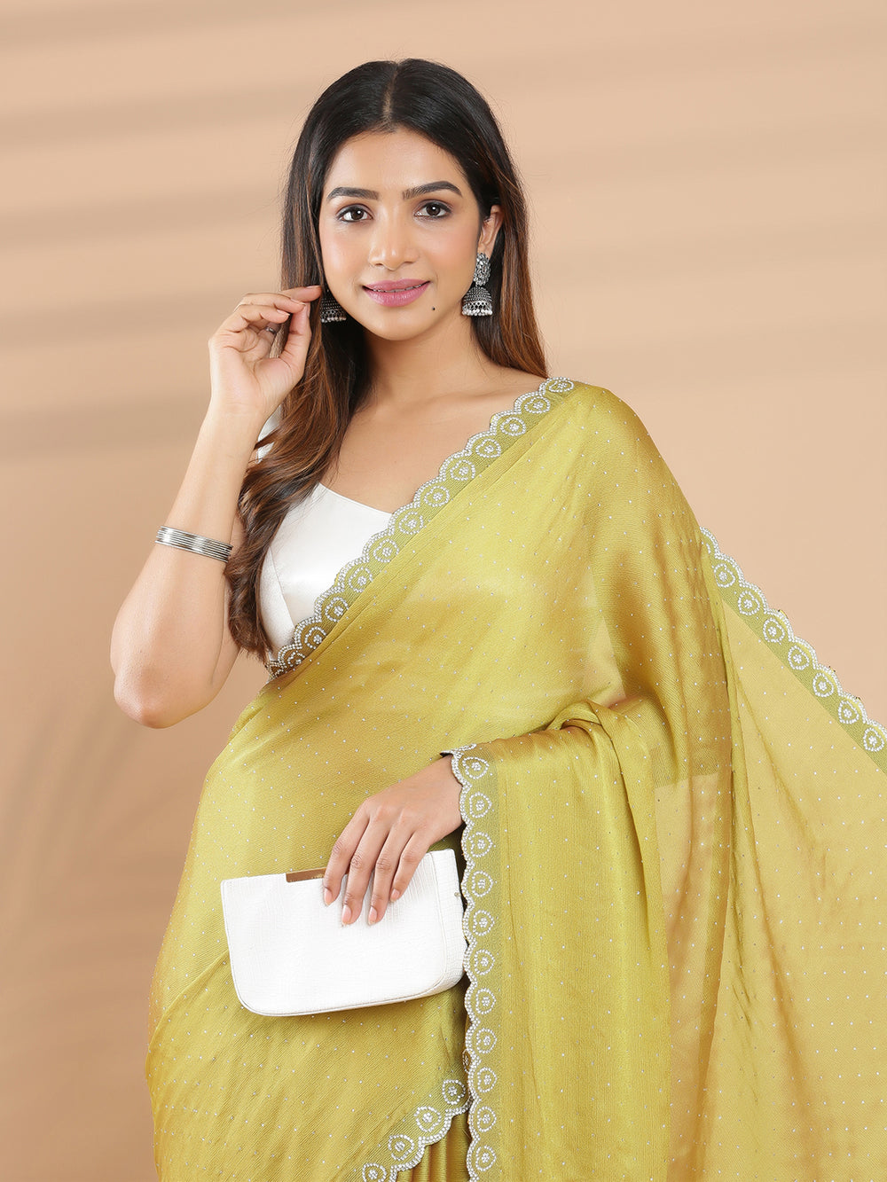 Golden Green Color Chiffon Saree With White Spreaded Mini Stone Work All Over Design