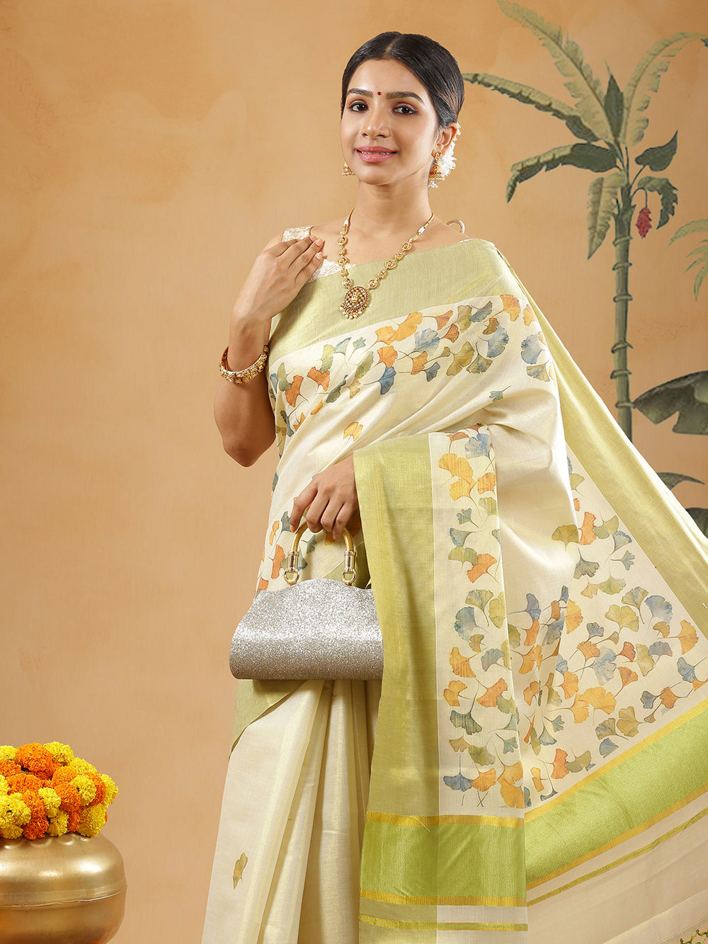 Golden Tissue Olive Green Border Set Saree With Multi Color Thread Paint Flower Print All Over Body