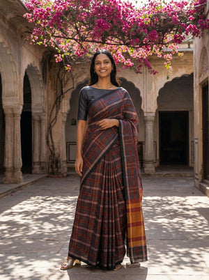 Kanjivaram Pure Silk Grey and Maroon Checked Saree with Mustard Zari Border