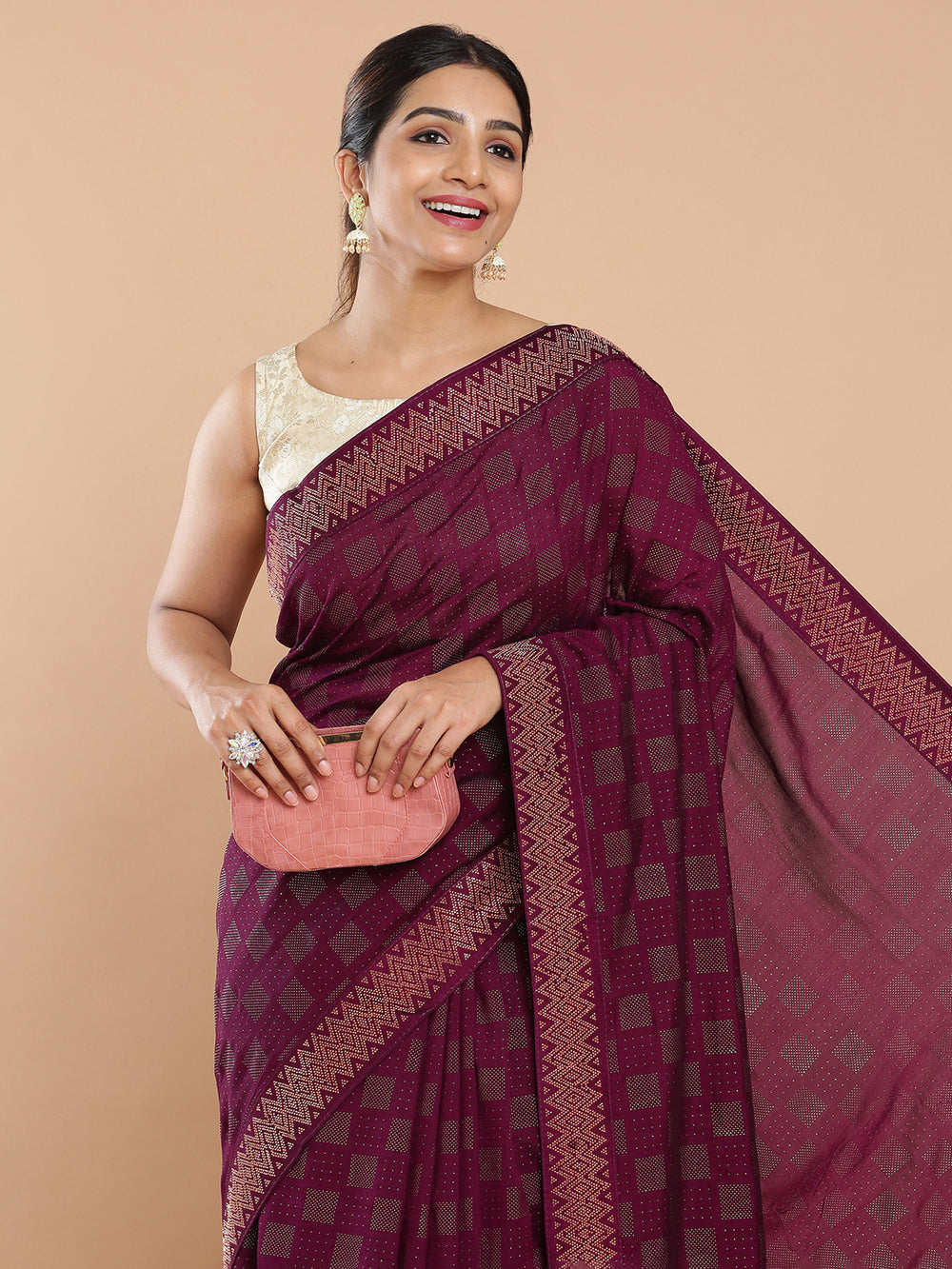 Wine Red Vijithra Silk Metalic Glitter Glue Work All Over Design Saree