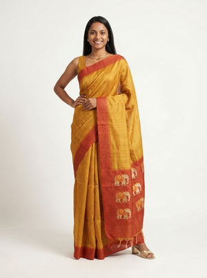 Semi Jute Mustard Elephant Motif Saree
