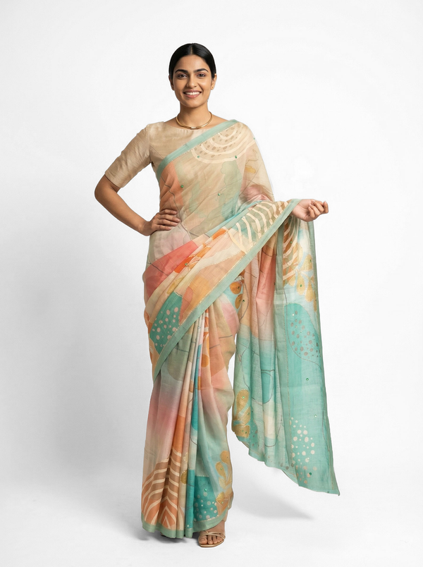 Chanderi Cotton Multicolor Abstract Printed Pattern Saree