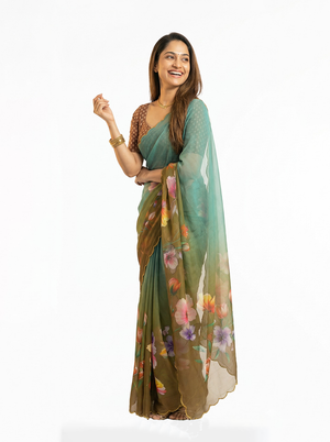 Chiffon Teal Brown Ombre Floral Printed Designer Saree