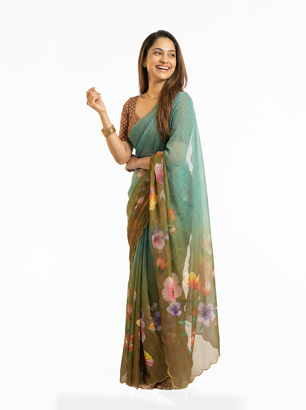 Chiffon Teal Brown Ombre Floral Printed Designer Saree