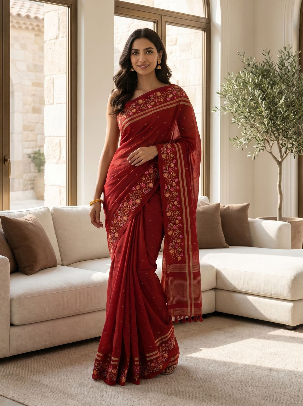 Semi Tussar Crimson Red Floral Embroidery Border Saree
