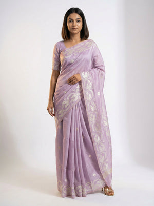 Semi Chanderi Lavender Saree with Small Butta Pattern Blouse