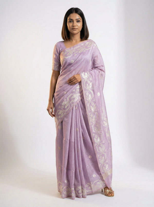 Semi Chanderi Lavender Saree with Small Butta Pattern Blouse