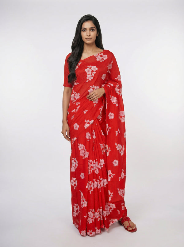 Chiffon Elegant Red  Saree with Sparkle Block Print