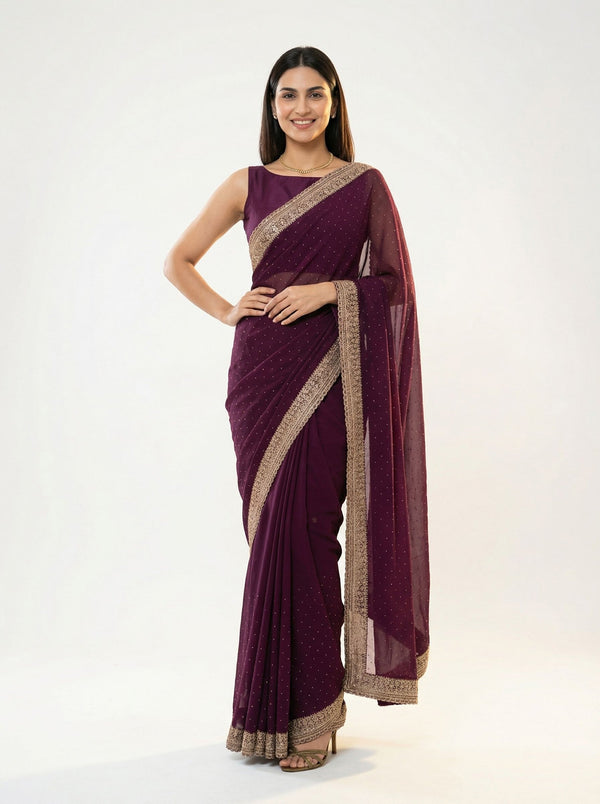 Georgette Wine Purple Zari Embellished Designer Saree
