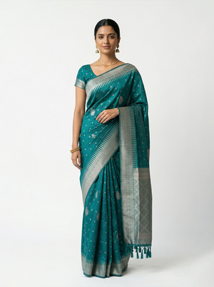 Semi Silk Peacock Green Small Butta Design Saree