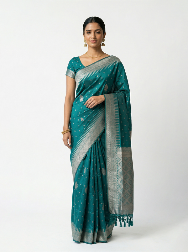 Semi Silk Peacock Green Small Butta Design Saree