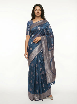 Semi Silk Traditional Peacock Blue Saree with Banarasi Border & Buttas