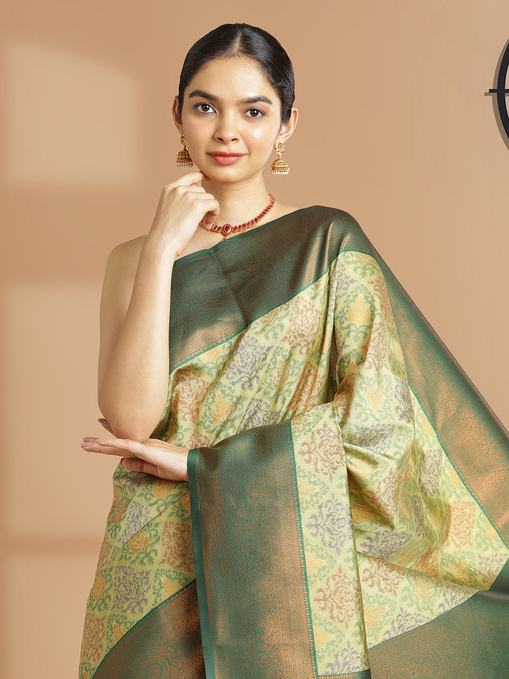 Pista Green Art Silk Saree With Ikat Design Over Body And Bottle Green Border