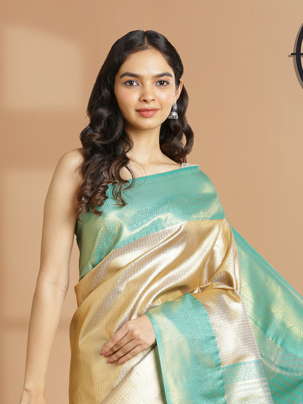 Silver With Golden Tissue Saree With Self Woven Design Over Body And Green Border