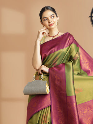 Parrot Green Art Silk Saree With Copper Thread Work Over Body And Purple Border