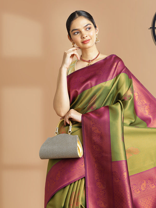 Parrot Green Art Silk Saree With Copper Thread Work Over Body And Purple Border