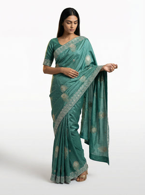 Vijithra Silk Teal Green Feather Motif Stone Work Designer Saree
