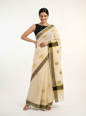Tissue Cream with Golden Butta and Checked Border Pattern Onam Special Kerala Saree