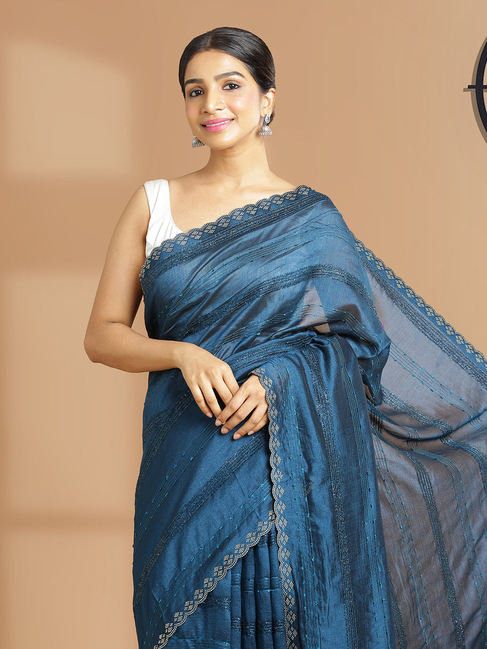Teal Blue Vijithra Silk Saree with a Horizontal Stripe Design Over the Body