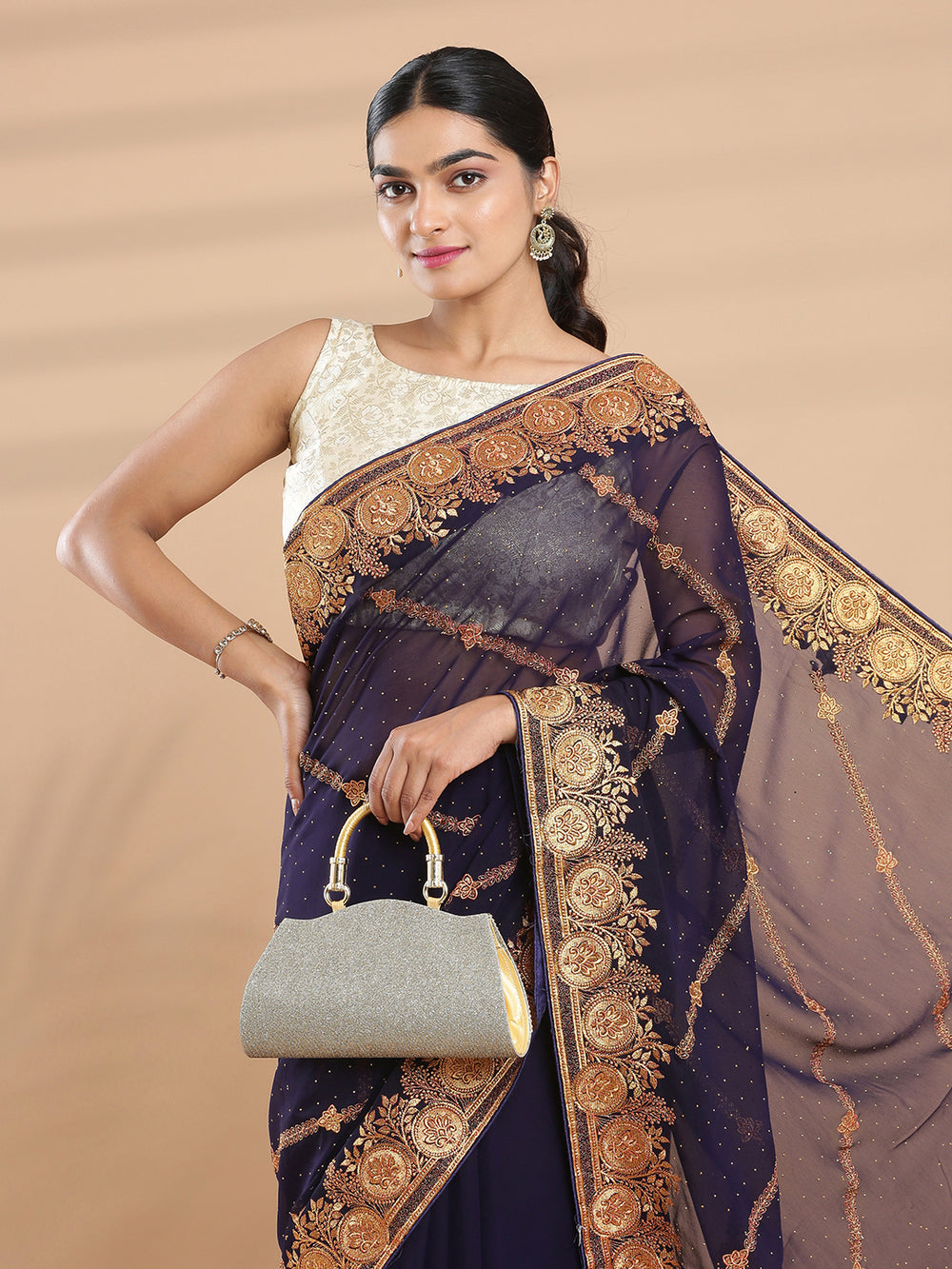 Navy Blue Color Georgette Saree With  Golden Embroidery Stripes & Mini stone Work On Body
