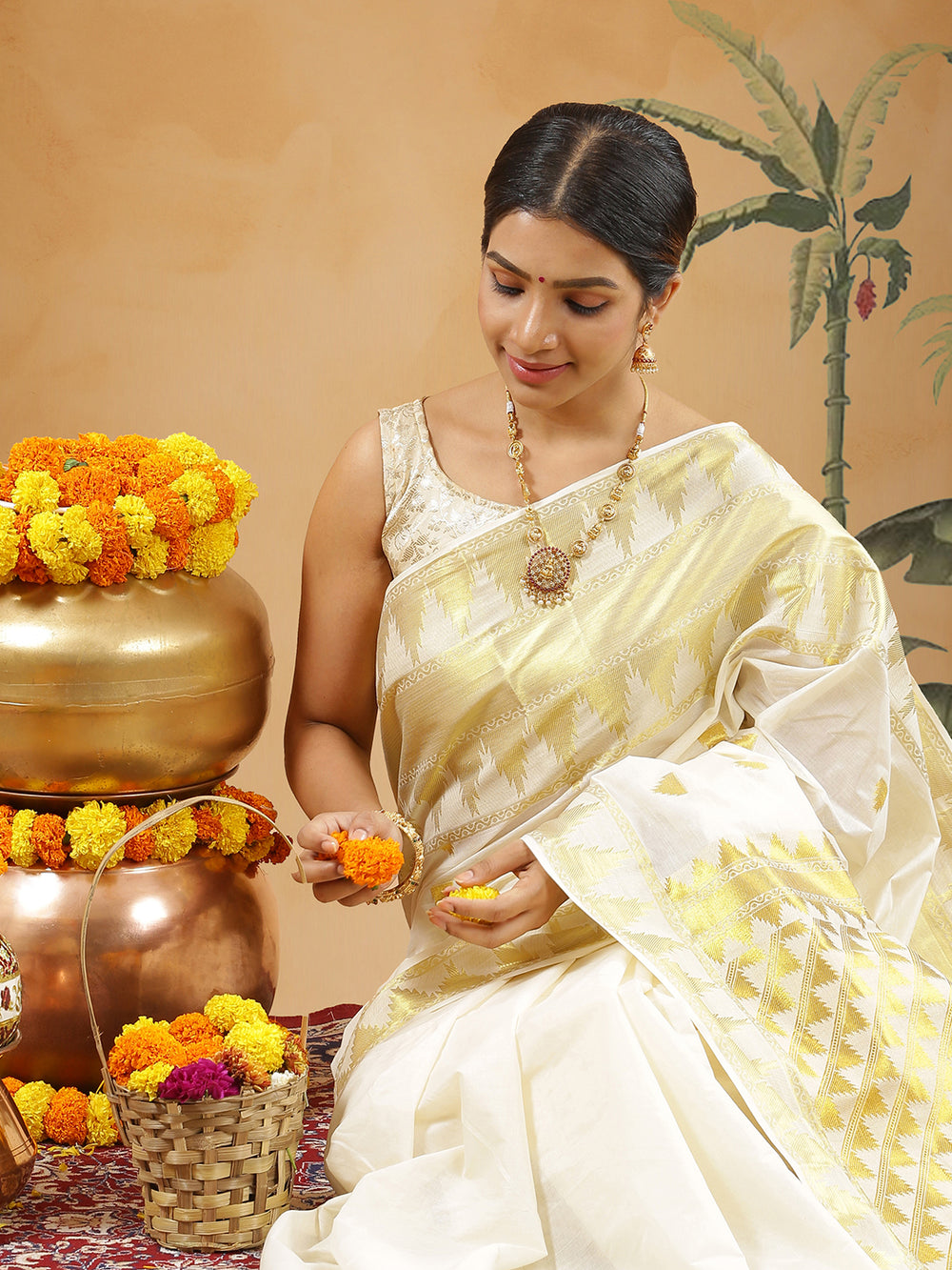 Off White Color Cotton Temple Designed Set Saree With Temple Designed Buttas
