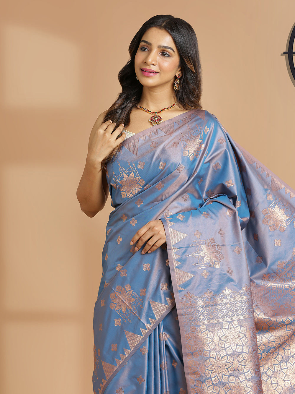 Ash Blue Art Silk Saree With Copper Small Buttas On Body