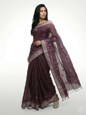 Chanderi Cotton Wine  Saree with Zari Border and Floral Butti Work