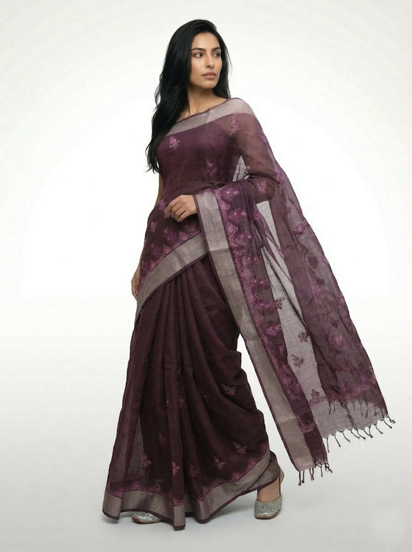 Chanderi Cotton Wine  Saree with Zari Border and Floral Butti Work
