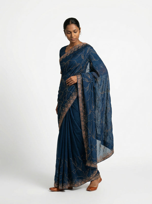 Vijithra Silk Deep Navy Blue Floral Stone Work Designer Saree