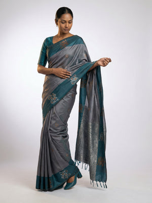 Art Silk Dark Grey Floral Design Saree with Contrast Border