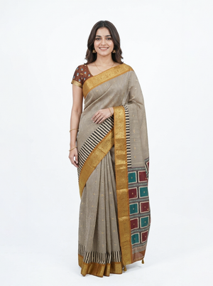 Chanderi Cotton Beige Striped Saree with Zari Border