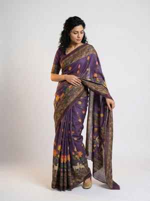 Cotton Purple Saree with Multicolor Floral Prints and Designer Border