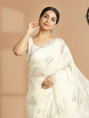 Cream Color Soft Organza Chiffon Saree With Foil Floral Print Over Body