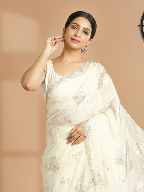 Cream Color Soft Organza Chiffon Saree With Foil Floral Print Over Body