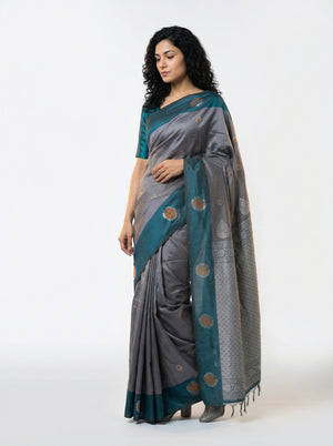 Art Silk Grey Teal Saree with Classic Floral Butta Prints and Designer Pallu