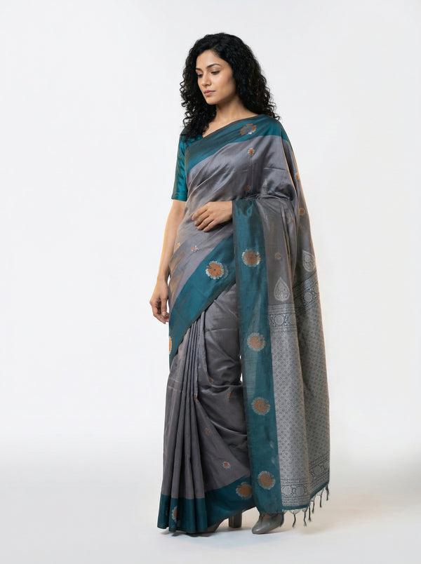 Art Silk Grey Teal Saree with Classic Floral Butta Prints and Designer Pallu
