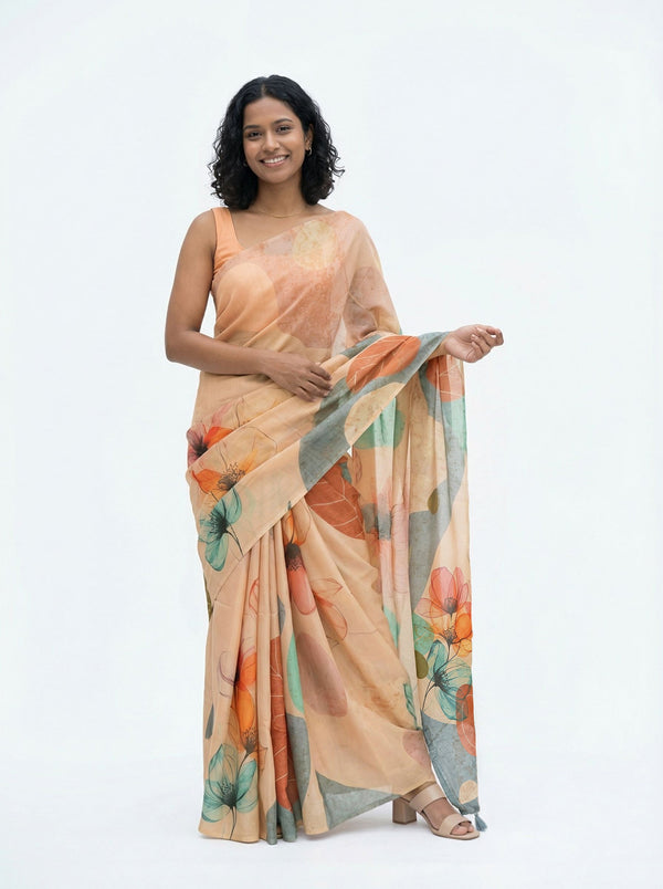 Chanderi Cotton Peach Floral Digital Print Saree